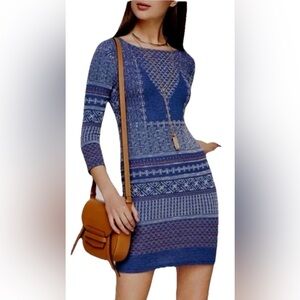 NWT BCBGMaxazria Beth Jacquard Blue Multi Aztec Print Mini Knit Dress Sz XS